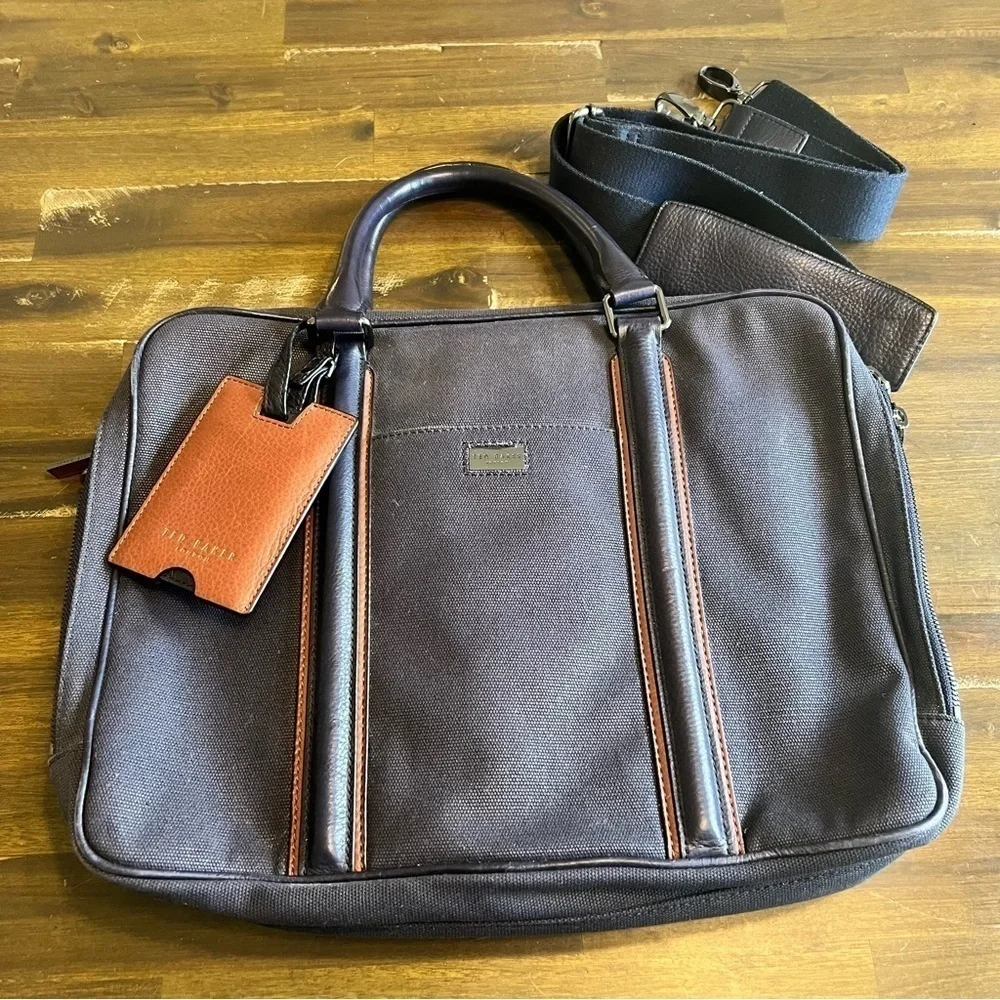 Ted Baker Navy Blue Laptop Bag Case Travel Luggage Padded Double Zipper Leather